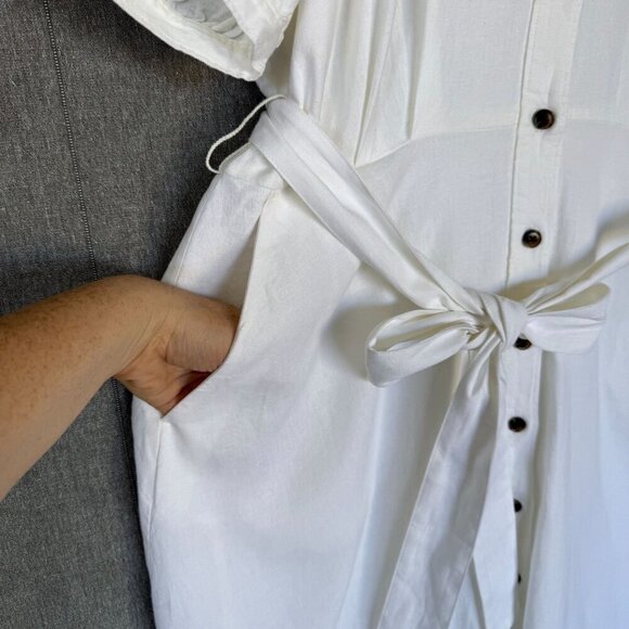 Ann Taylor ivory Linen Blend Short Puff Sleeve Button Front Midi Dress Size 16 - Picture 9 of 17